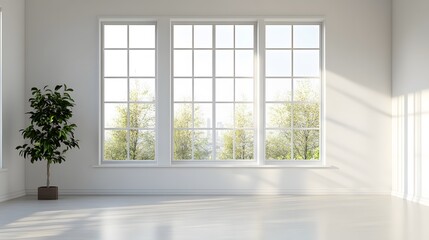 Obraz premium A minimalist window with a large glass pane, surrounded by smooth white walls.