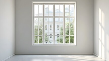 Fototapeta premium A minimalist window with a large glass pane, surrounded by smooth white walls.