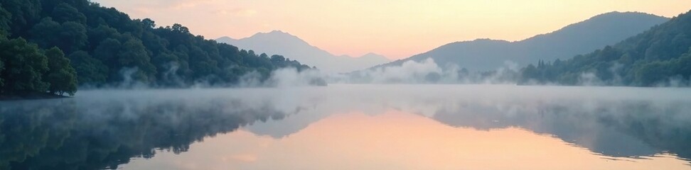 Obraz premium Soft white mist rises from a serene lake at dawn, calm, nature, water