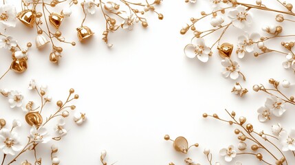 White flowers and gold bells border on white background.