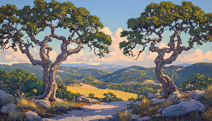 Stunning panoramic view of a sun-drenched Texas Hill Country landscape, featuring two majestic live oak trees framing a rolling valley bathed in golden sunlight.