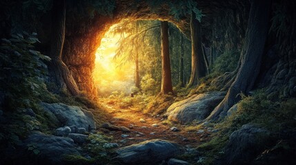 Sunlit path through mystical forest cave.