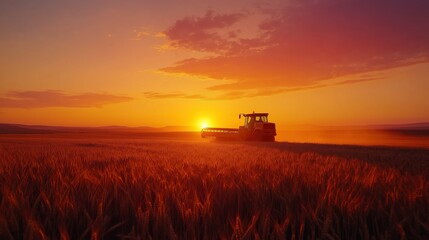 Harvester Working in Wheat Field at Sunset
