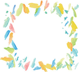 水彩画。水彩タッチの絵の具のシンプルフレーム。インクの跳ねた跡。水彩の抽象イメージ。Watercolor painting. Simple frame of paint with watercolor touch. Ink splashes. Abstract image in watercolor.