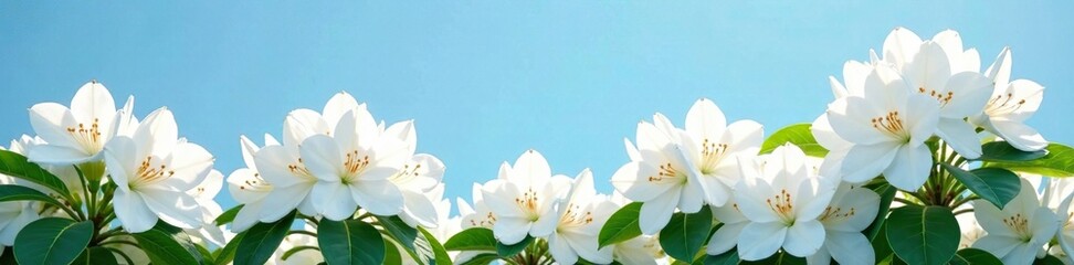 Obraz premium White rhododendron flowers in full bloom against a blue sky, rhododendrons, garden