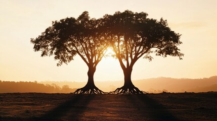 Silhouetted Twin Trees in Sunset Landscape with Golden Light