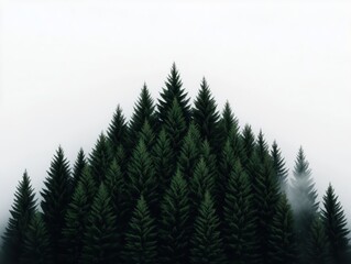 Fototapeta premium Dense green pine forest covered in mist creating a tranquil and mysterious atmosphere