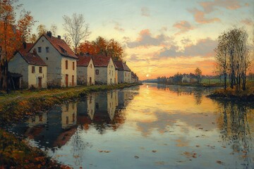 Fototapeta premium Autumn sunset over canal-side village; reflected colors.