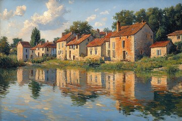 Obraz premium River reflecting village houses, idyllic scenery.