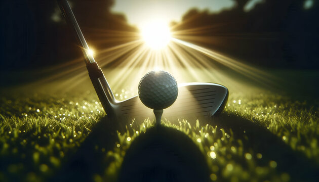Golf A backlit shot focusing on the golf ball and club, with sunlight creating a glowing halo effect and 4