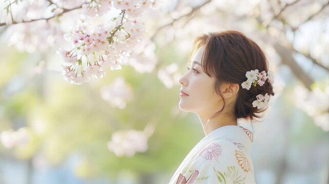 Serene Beauty in Sakura Bloom: A young woman in a traditional Japanese yukata stands peacefully beneath a blossoming cherry tree, bathed in soft sunlight.