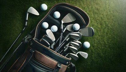 Golf A top-down perspective showing a golf bag partially opened with the club heads visible, surrounded b1