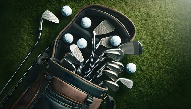 Golf A top-down perspective showing a golf bag partially opened with the club heads visible, surrounded b1