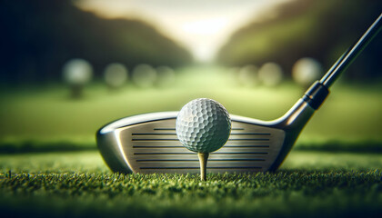 Golf A straight-on view of a golf ball on a tee with the club head poised just behind it, ready to swing,4