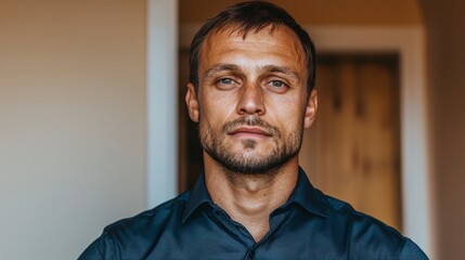 Serious Man Portrait  Blue Shirt  Casual  Confident  Handsome  Male Model  Headshot  Indoo
