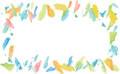 水彩画。水彩タッチの絵の具のシンプルフレーム。インクの跳ねた跡。水彩の抽象イメージ。Watercolor painting. Simple frame of paint with watercolor touch. Ink splashes. Abstract image in watercolor.