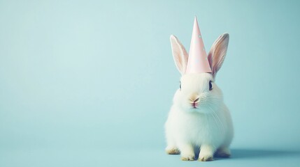 Obraz premium Cute white bunny wearing a pink party hat against a light blue background.