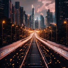 Fototapeta premium Futuristic Cityscape Elevated Train Tracks Skyscrapers Night Lights
