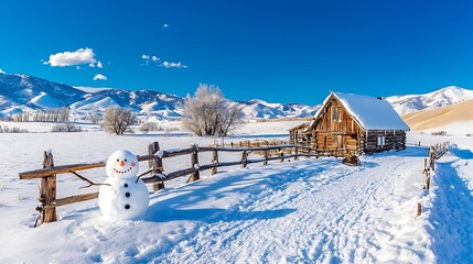 Fototapeta premium Panoramic view of happy snowman in winter, Joyful Winter Scene with a Snowman Near a Rustic Cabin Surrounded by Snow-Covered Mountains and a Clear Blue Sky