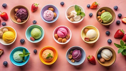 A colorful arrangement of assorted ice cream scoops in small bowls, garnished with berries, nuts, and mint leaves on a pink background.