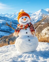 Obraz premium Panoramic view of happy snowman in winter, Happy Snowman Surrounded by Scenic Winter Landscape with Majestic Mountains and Clear Blue Sky, Perfect for Holiday and Seasonal Themes