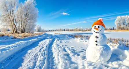 Obraz premium Panoramic view of happy snowman in winter, Joyful Winter Scene Featuring a Happy Snowman with a Bright Orange Hat Standing in a Panoramic Landscape of Snow-Covered Trees and Clear Blue Sky