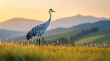 Fototapeta premium Common crane standing in a grassy field at sunset, mountains in the background.