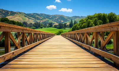 Tranquil wooden bridge leading to scenic valley, bright sunlight, idyllic summer landscape.