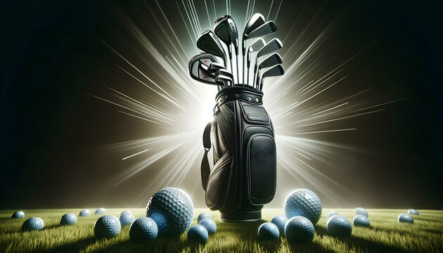 Golf A dynamic angled shot of a golf bag standing upright on grass with the heads of drivers and irons pr1