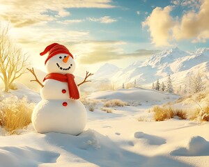 Fototapeta premium Panoramic view of happy snowman in winter, Blissful Snowman in a Serene Winter Landscape Under a Clear Sky, Capturing the Joy of Winter Outdoors with Scenic Mountains and Soft Snow