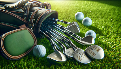 Golf A close-up view of a golf bag with the heads of several clubs visible, including drivers and irons, 2