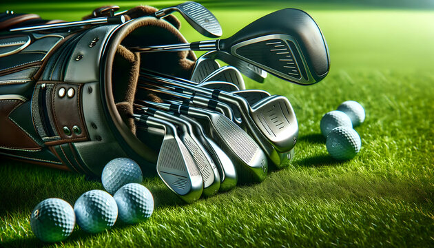 Golf A close-up view of a golf bag with the heads of several clubs visible, including drivers and irons, 4