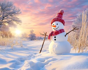 Obraz premium Panoramic view of happy snowman in winter, Joyful Snowman in a Winter Wonderland with a Vibrant Sky and Soft Snow Under a Beautiful Sunset, Capturing the Essence of the Season's Cheerful Moments