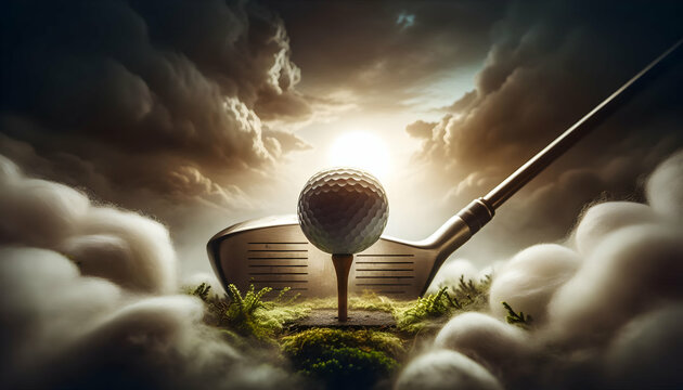 Golf A creative front-facing shot of the golf ball on the tee with the club head positioned just behind i3