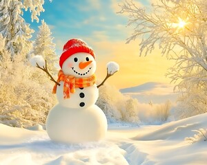 Obraz premium Panoramic view of happy snowman in winter, Serene Panoramic View of a Joyful Snowman in a Winter Wonderland Surrounded by Glittering Snow and a Warm Glow of the Setting Sun