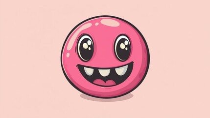 Fototapeta premium Happy pink cartoon face with big eyes and teeth.