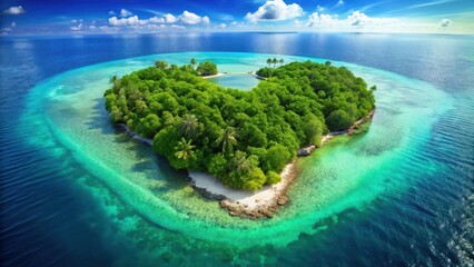 Heart-Shaped Island Paradise An Aerial View of Lush Tropical Vegetation Surrounded by Vibrant Turquoise Waters