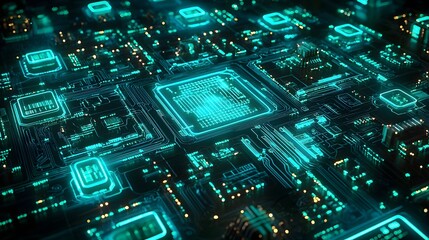Captivating abstract image showcasing a intricate network of glowing geometric circuits in vibrant shades of blue and green creating a futuristic technological and innovative digital landscape