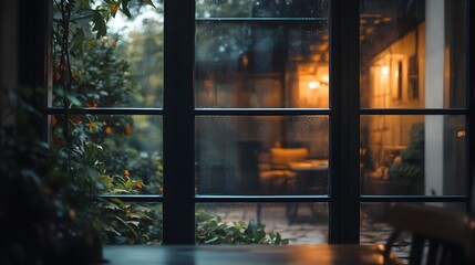 A classic glass window with a dark wooden frame, subtly lit by natural light.