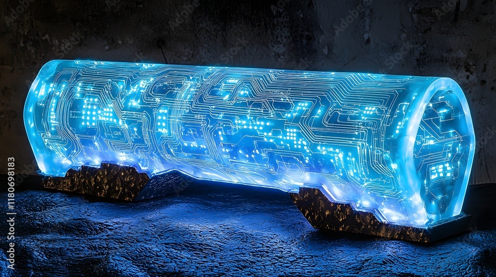 Poster high tech glowing digital circuits and patterns formed on a dark textured surface creating a futuris
