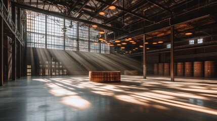 Alcohol aging barrels in a warehouse, light filtering through 