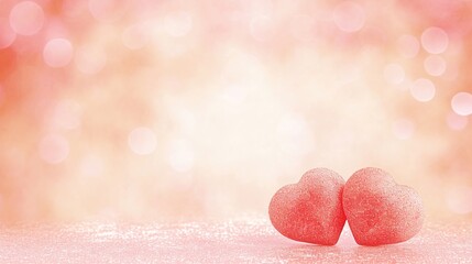Obraz premium Two red hearts on a pink glitter background with copy space, a soft-focus and pastel color palette for a realistic Happy Valentine's Day banner template in high resolution. 
