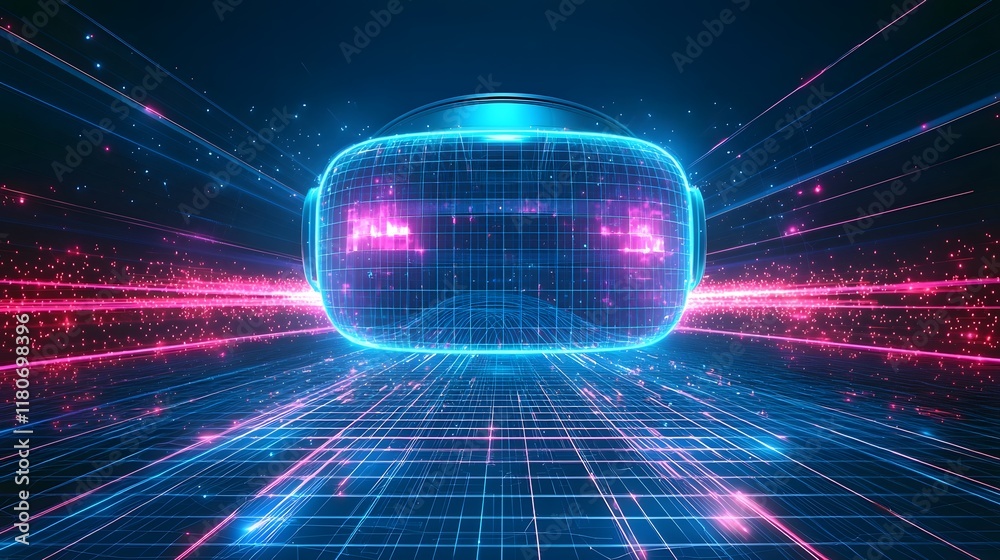 Poster mesmerizing abstract background with glowing neon grid and wireframe patterns in a surreal virtual r