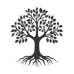 Black Silhouette of Tree with Branches, Leaves, and Roots on White Background