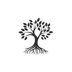 Black Silhouette of Tree with Branches, Leaves, and Roots on White Background