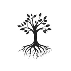 Black Silhouette of Tree with Branches, Leaves, and Roots on White Background