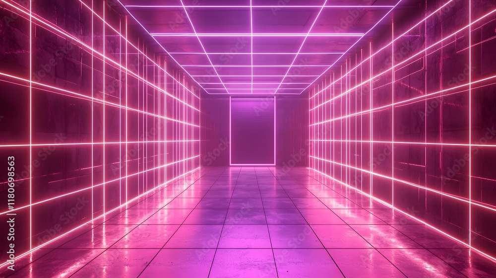 Poster mesmerizing abstract background of a neon infused futuristic corridor with a glowing wireframe grid 