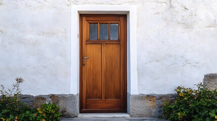 A simple wooden door with a large window insert, letting in light from outside.