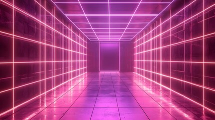 Mesmerizing abstract background of a neon infused futuristic corridor with a glowing wireframe grid pattern creating an immersive and visually captivating digital environment
