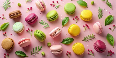 Sweet Delights An Arrangement of Colorful Macarons with Delicate Greenery on a Pink Background